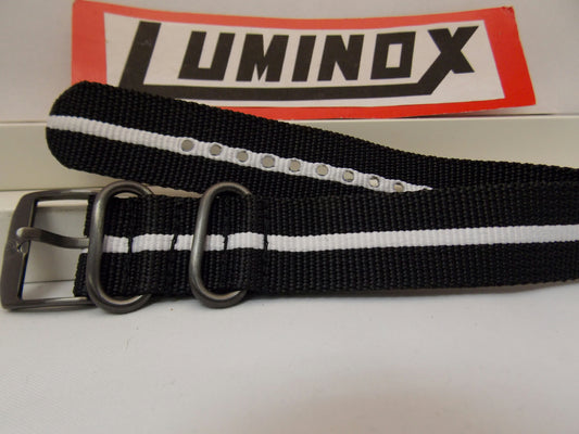 Luminox Watchband Regimental Stripe.Black/White 23mm w/ Gun Metal Hardware.