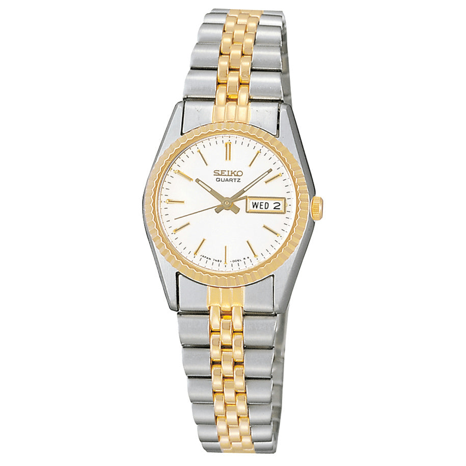 Seiko Watch Womens SWZ054 TwoTone. Day/Date.All Steel Glass Crystal.Water Resist