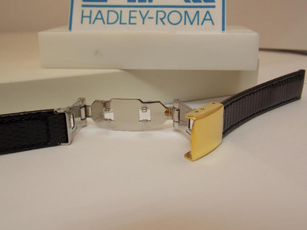 Hadley Roma Watchband 12mm Lds Blk Genuine Lizard w/Butterfly Gold ToneBuckle.