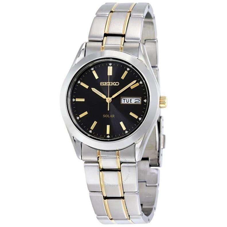 Seiko Watch SNE047 Mens Solar Day/Date. Two Tone Bracelet. Steel w/Glass Crystal