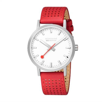 Mondaine Swiss Railways Watch.Perforated Red Leather  Mens A660.30360.16SBC