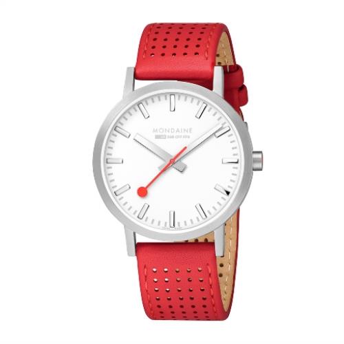 Mondaine Swiss Railways Watch.Perforated Red Leather  Mens A660.30360.16SBC