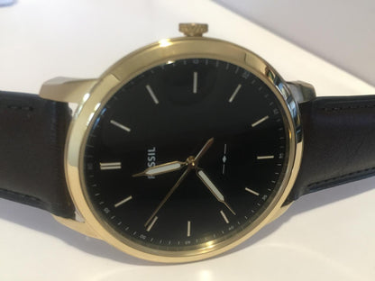 Fossil Mans Minimalist Dress Watch 44mm Case. Brown Band/Dial. Gold Tone Case.