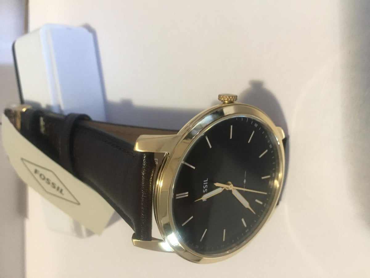 Fossil Mans Minimalist Dress Watch 44mm Case. Brown Band/Dial. Gold Tone Case.