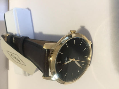 Fossil Mans Minimalist Dress Watch 44mm Case. Brown Band/Dial. Gold Tone Case.