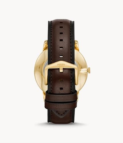 Fossil Mans Minimalist Dress Watch 44mm Case. Brown Band/Dial. Gold Tone Case.