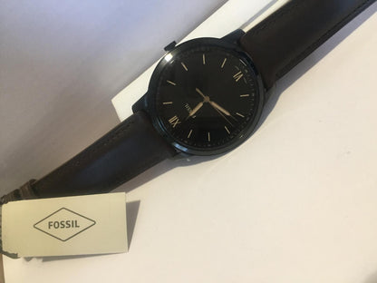 Fossil Mans Minimalist Dress Watch 44mm Case. Brown Band Black Dial. Gold Tone