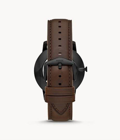 Fossil Mans Minimalist Dress Watch 44mm Case. Brown Band Black Dial. Gold Tone