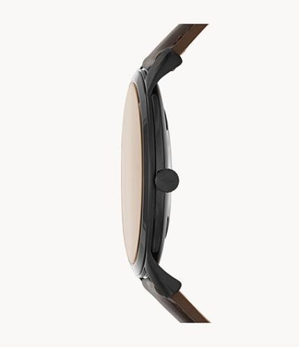Fossil Mans Minimalist Dress Watch 44mm Case. Brown Band Black Dial. Gold Tone