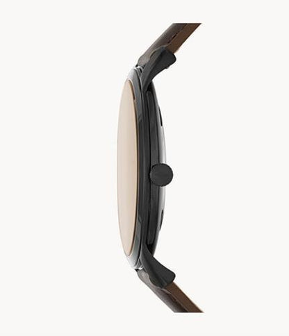 Fossil Mans Minimalist Dress Watch 44mm Case. Brown Band Black Dial. Gold Tone