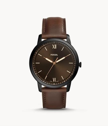 Fossil Mans Minimalist Dress Watch 44mm Case. Brown Band Black Dial. Gold Tone