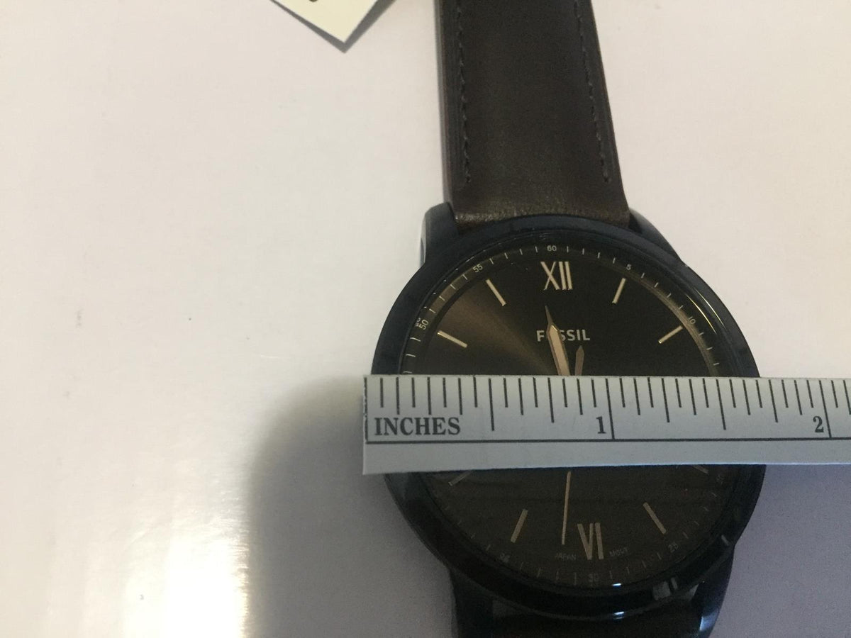 Fossil Mans Minimalist Dress Watch 44mm Case. Brown Band Black Dial. Gold Tone