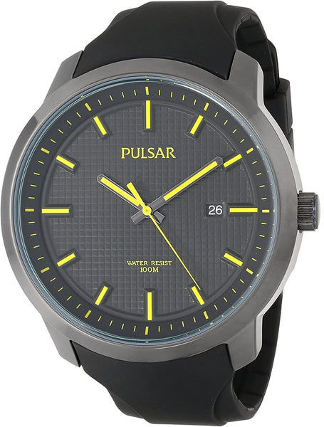 Pulsar Watch PS9101 Mans Black w/Yellow Luminous Hands, Rubber Strap.Retail $135
