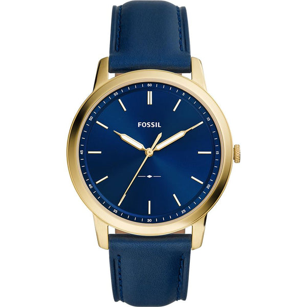 Fossil "Minimalist" Mens Thin Dress Watch. Blue Band/Dial. Gold Tone Case