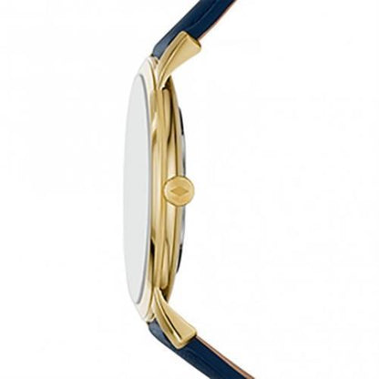 Fossil FS5789 "Minimalist" Mens Thin Dress Watch. Blue Band/Dial. Gold Tone Case