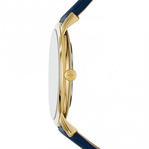Fossil "Minimalist" Mens Thin Dress Watch. Blue Band/Dial. Gold Tone Case