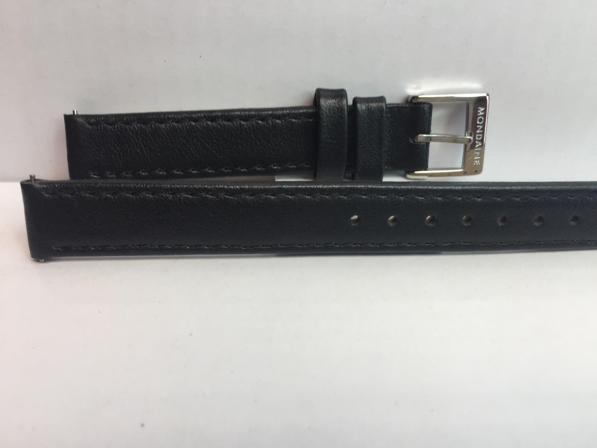 Mondaine Swiss Railways Watchband w/Ez Pins FE3112. Lds 12mm Wide Black Leather