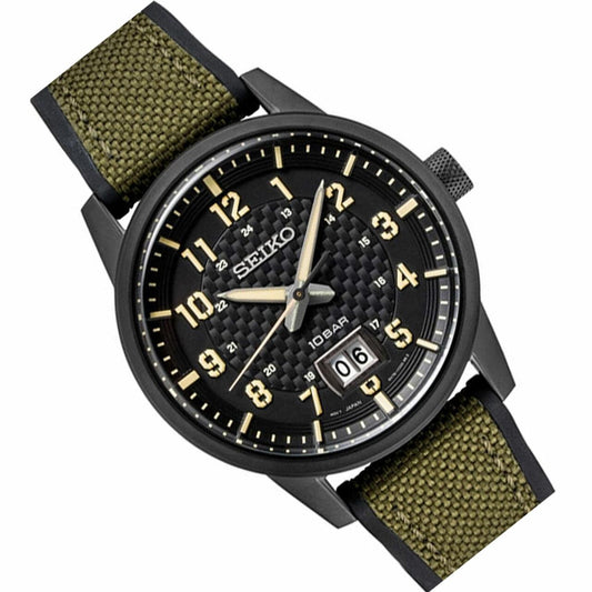 Seiko SUR325 Military Style w/Black Silicone & Green Mesh Strap.Luminous Hands.
