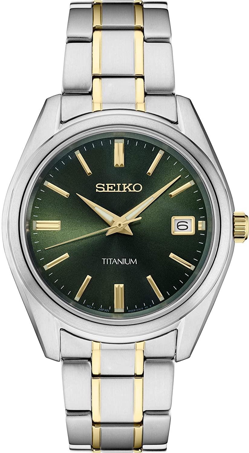 Seiko Watch Mens SUR377 Titanium/Gold Tone w/Sapphire Crystal. Green Sunray Dial