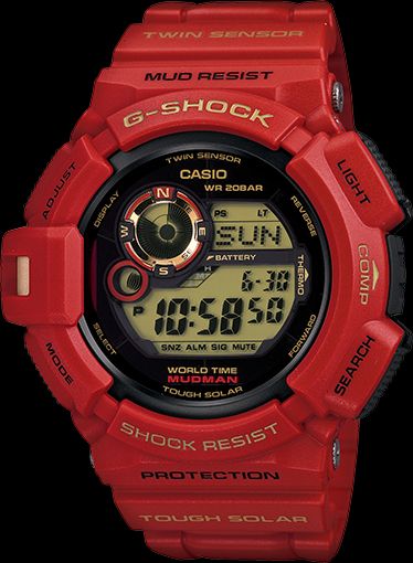 Casio Original Watchband G-9330 A-4 Red Resin Strap Gold Tn Buckle Black Keeper