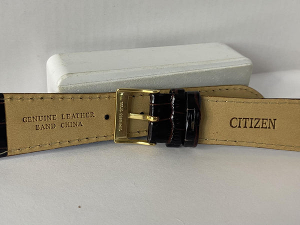 Citizen Genuine Watchband. 22mm Leather Strap. Shiny Croc Grain Brown Gld Tn Bkl