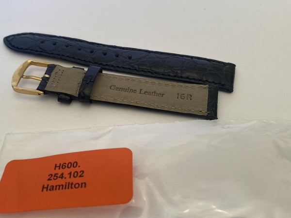 Hamilton Original Leather Watchband.16mm Black Stitched Croc Grain Gld Tn Buckle