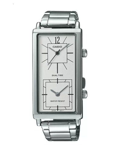 Casio Watch.LTP-E151D-7BDF 2 Time Zone Push Button Steel Bracelet.Glass Crystal